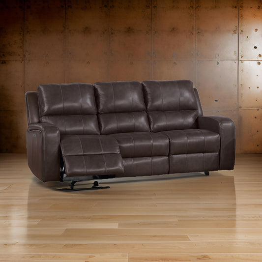 Elle 82 Inch Sofa, Power Recliner, Cushioned Seating, Brown Real Leather By Casagear Home