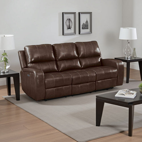 Elle 82 Inch Sofa, Power Recliner, Cushioned Seating, Brown Real Leather By Casagear Home