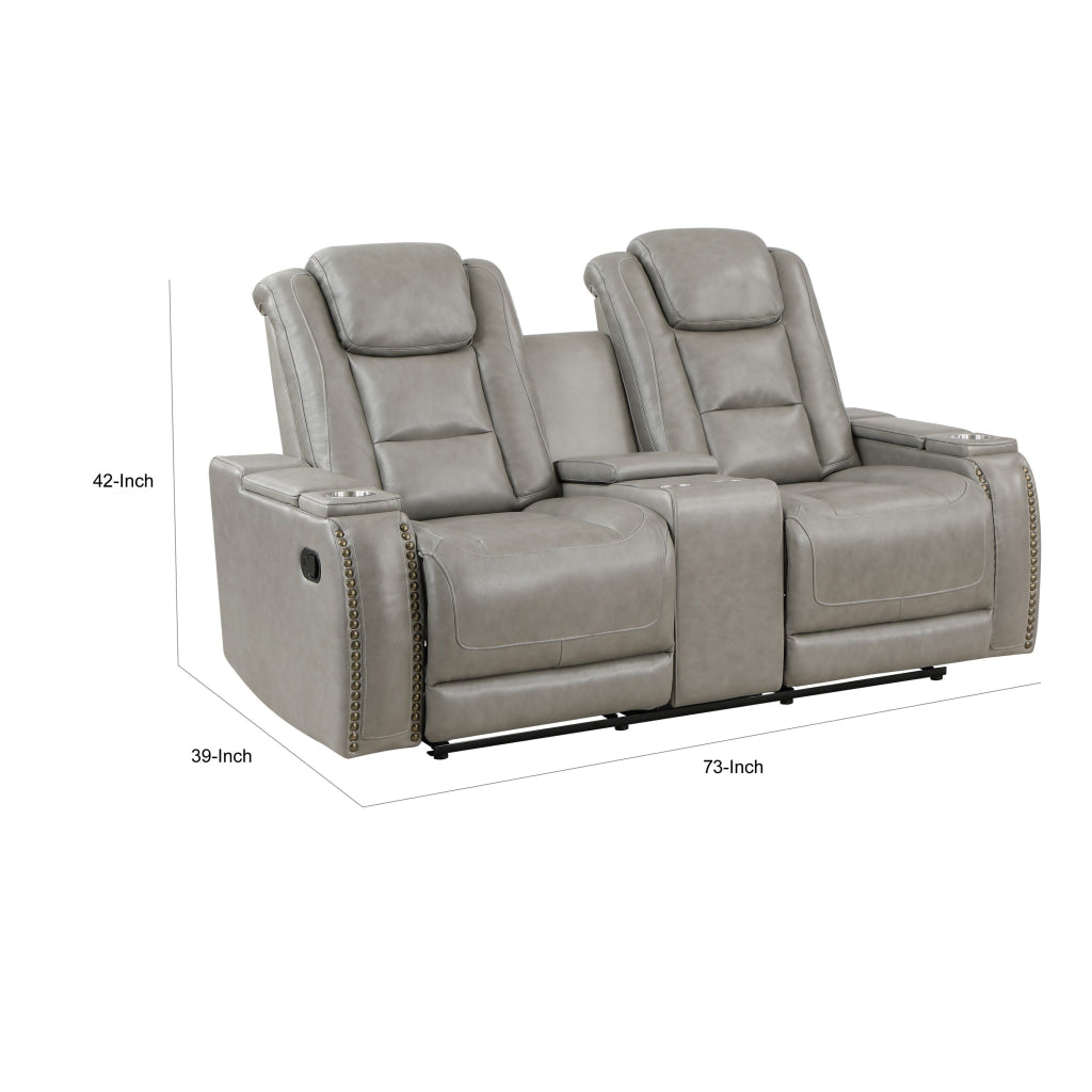 Luxe 73 Inch Console Loveseat Dual Manual Recliner Gray Real Leather By Casagear Home BM316095