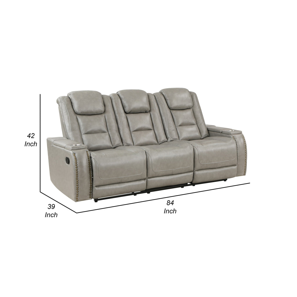 Luxe 84 Inch Manual Recliner Sofa Drop Table Cupholder Gray Real Leather By Casagear Home BM316097