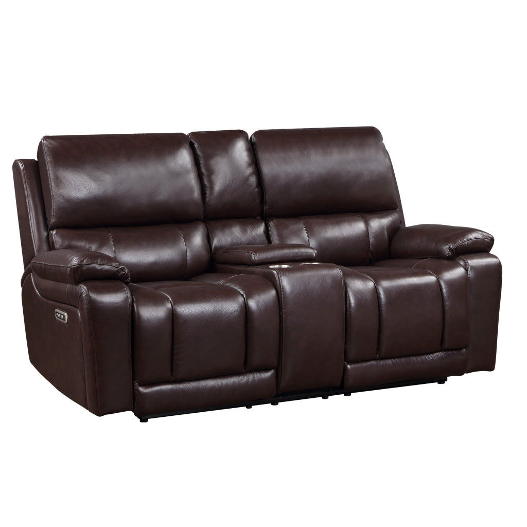 Noir 74 Inch Console Loveseat Power Recliner Cupholders Brown Real Leather By Casagear Home BM316099