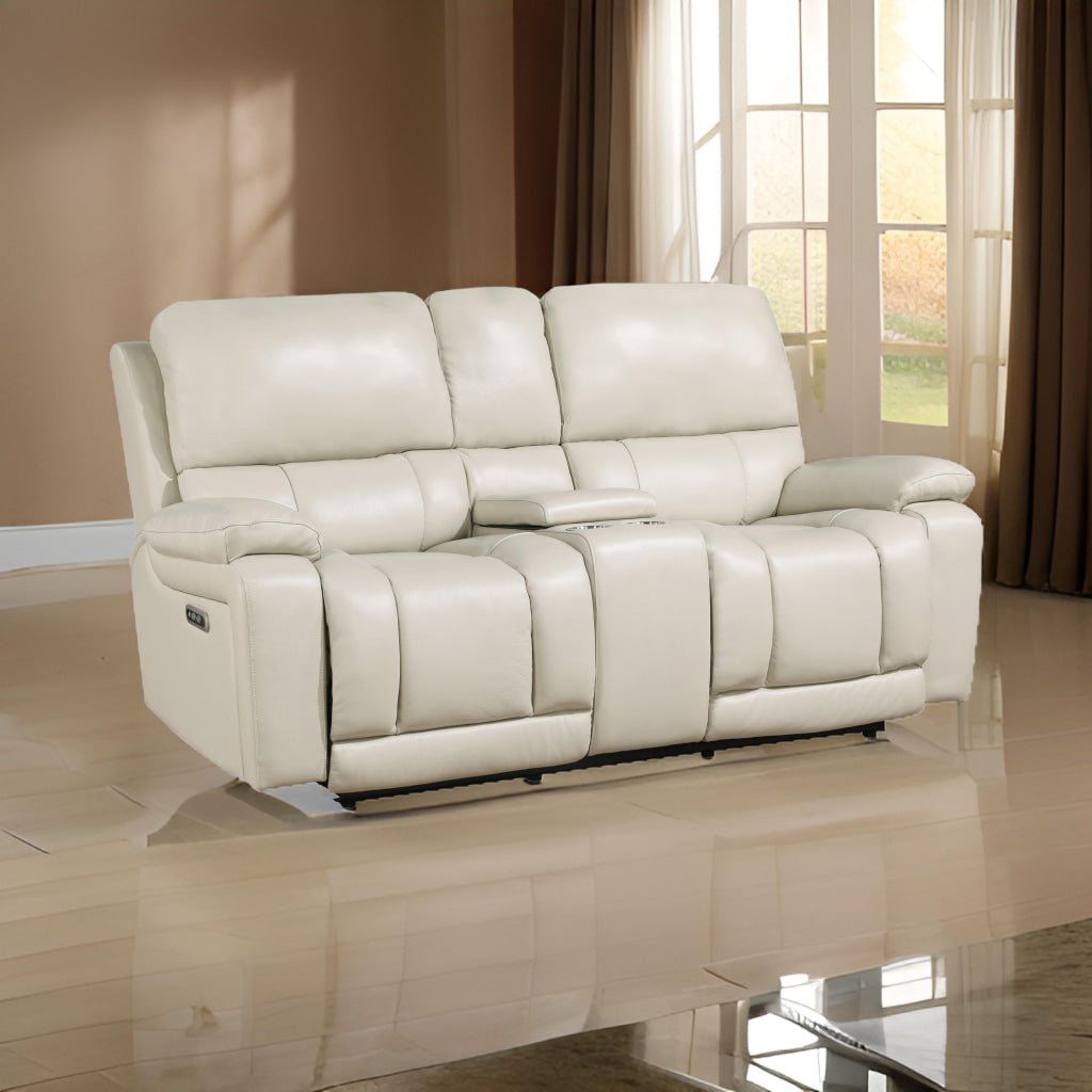 Noir 74 Inch Console Loveseat Power Recliner, Cupholders Cream Real Leather By Casagear Home