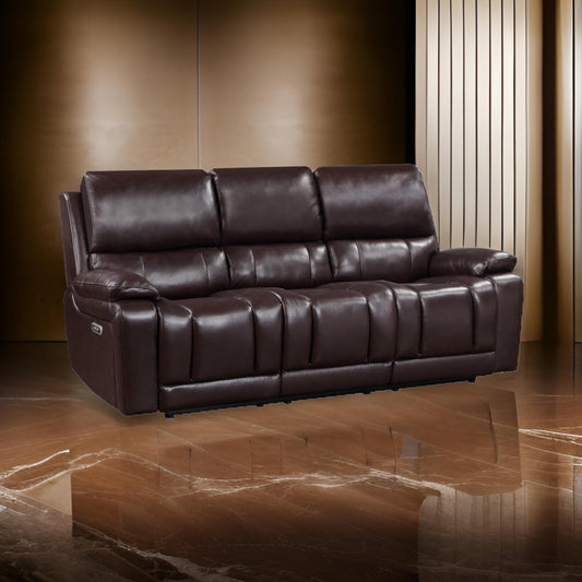 Noir 85 Inch Sofa, Power Recliner, Cushioned Seat, Brown Real Leather By Casagear Home