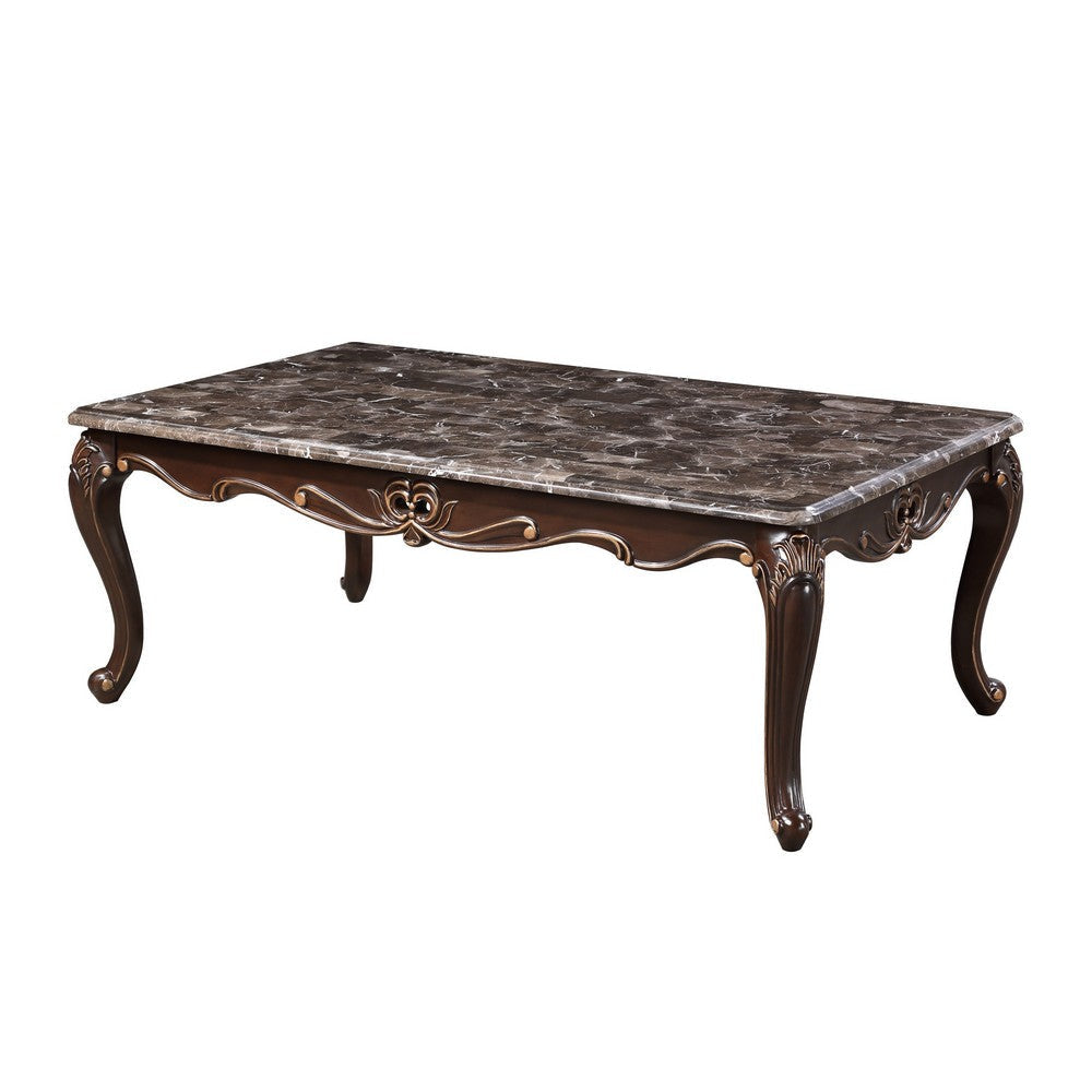 Cona 54 Inch Cocktail Coffee Table Carved Gold Accent Cherry Brown Gray By Casagear Home BM316106