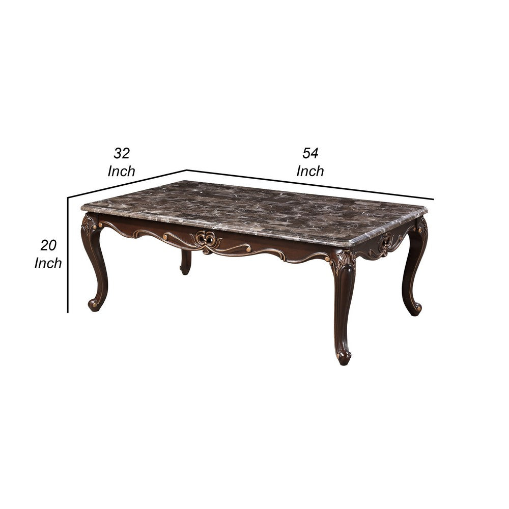 Cona 54 Inch Cocktail Coffee Table, Carved Gold Accent, Cherry Brown, Gray By Casagear Home