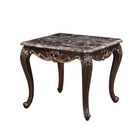 Cona 28 Inch Side End Table, Carved Gold Accents, Cherry Brown, Gray White By Casagear Home