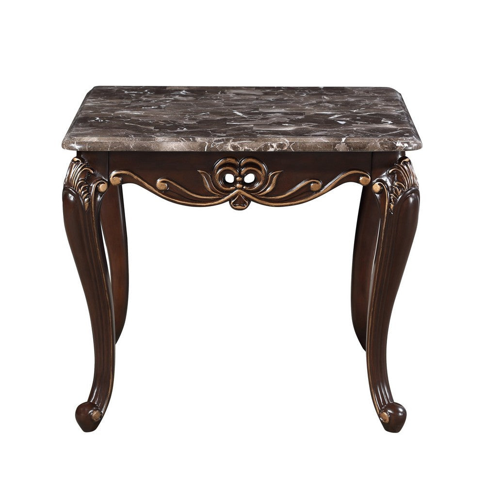 Cona 28 Inch Side End Table Carved Gold Accents Cherry Brown Gray White By Casagear Home BM316107