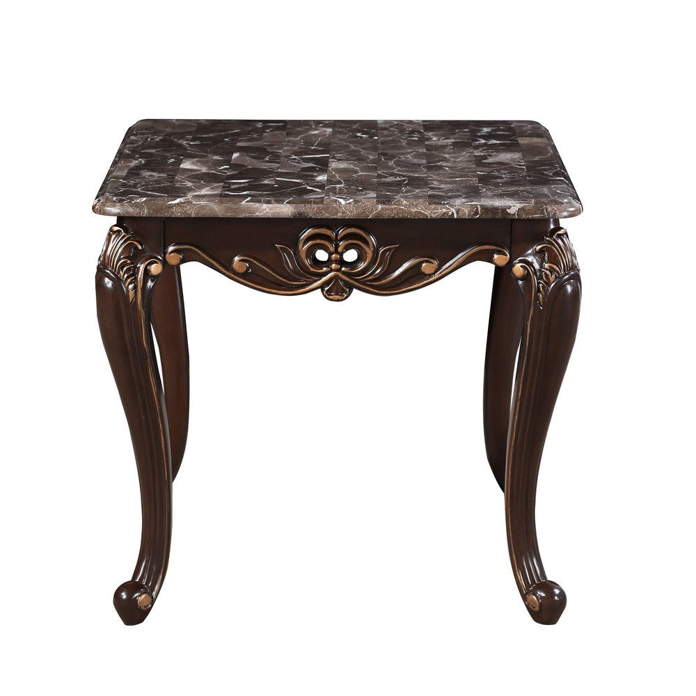 Cona 28 Inch Side End Table Carved Gold Accents Cherry Brown Gray White By Casagear Home BM316107