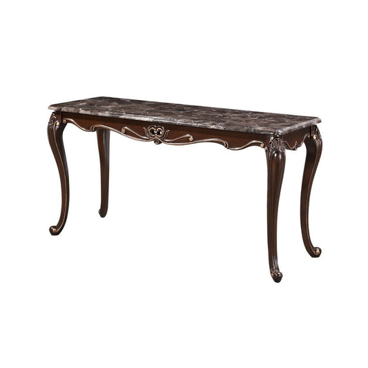 Cona 58 Inch Console Table, Carved Gold Accents, Cherry Brown, Gray, White By Casagear Home