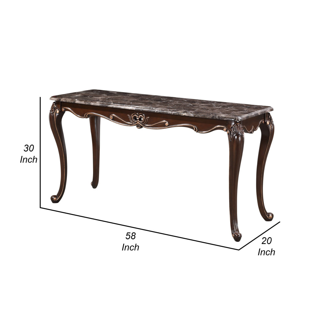 Cona 58 Inch Console Table Carved Gold Accents Cherry Brown Gray White By Casagear Home BM316108