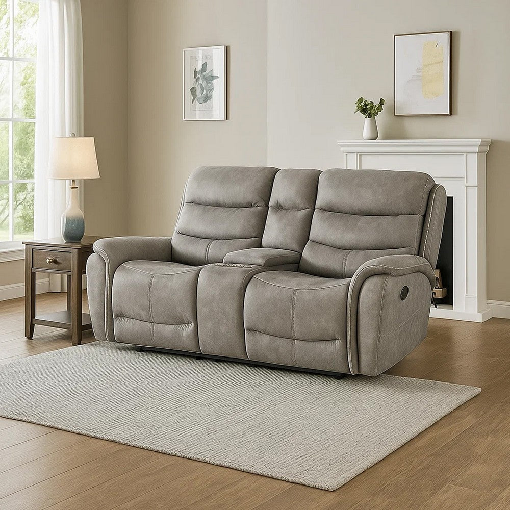 Folu 80 Inch Console Loveseat, Dual Manual Recliner, Gray Faux Leather By Casagear Home