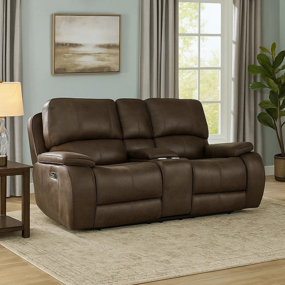 Talo 79 Inch Console Power Recliner Loveseat, Cupholders Brown Faux Leather By Casagear Home