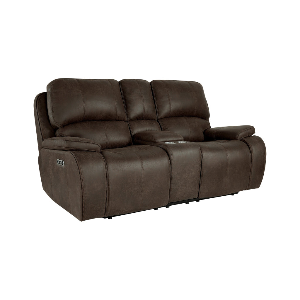 Talo 79 Inch Console Power Recliner Loveseat Cupholders Brown Faux Leather By Casagear Home BM316116