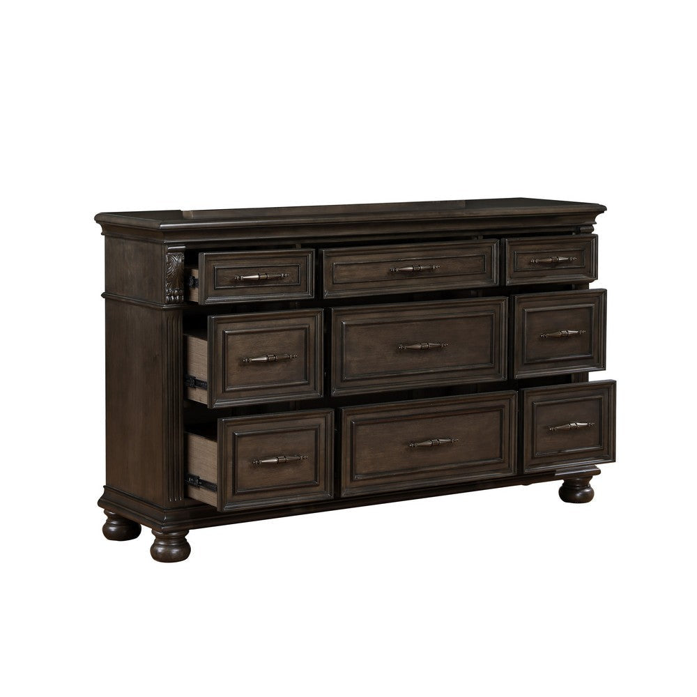 Rion 66 Inch Wide Dresser with 9 Storage Drawers Bun Feet Walnut Brown By Casagear Home BM316122