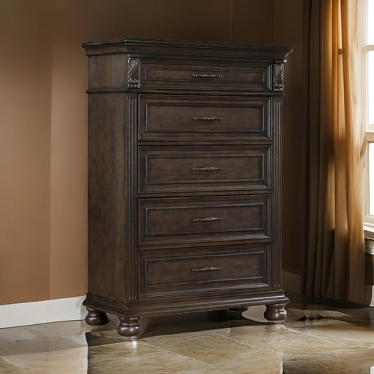 Rion 58 Inch Tall Dresser Lift Top Chest with 5 Storage Drawers Brown By Casagear Home BM316123