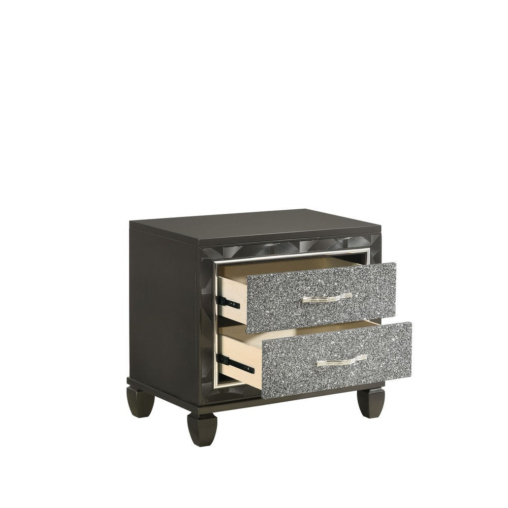 Ren 28 Inch Nightstand with 2 Glitter Front Storage Drawers Black Silver By Casagear Home BM316124