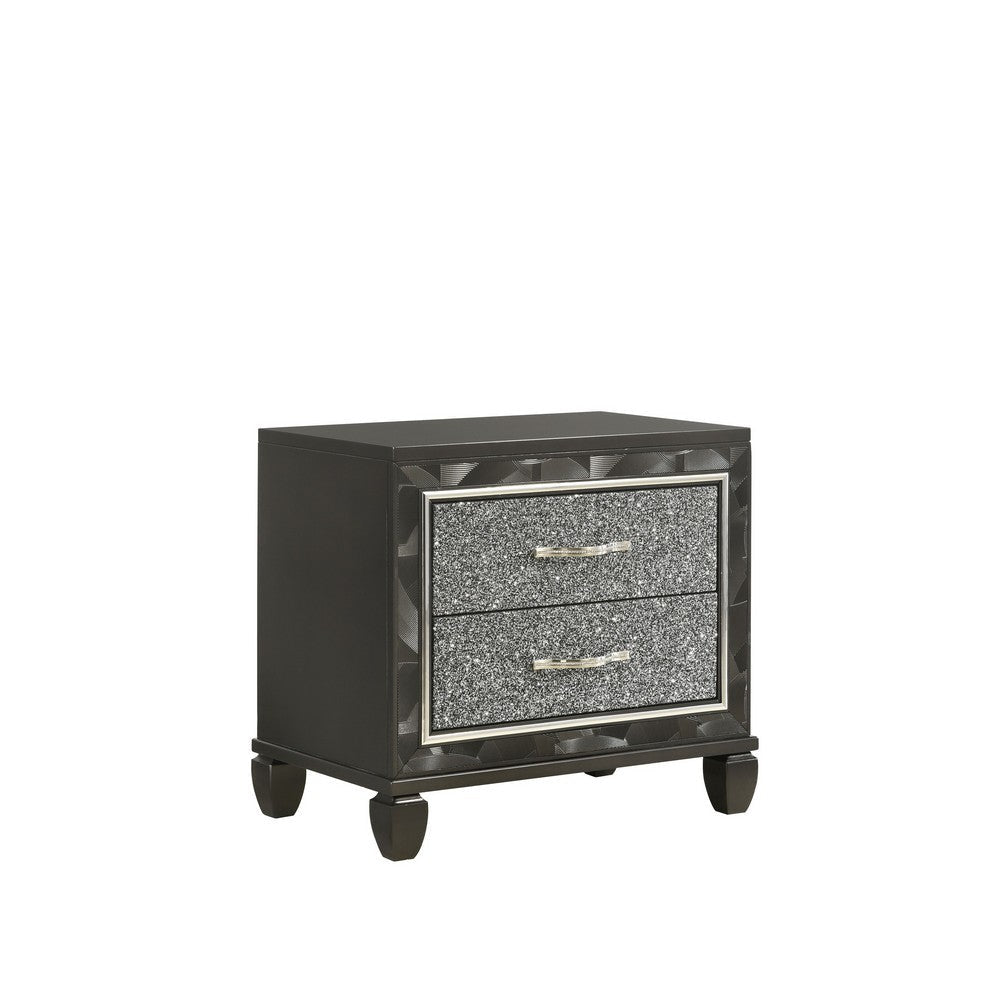 Ren 28 Inch Nightstand with 2 Glitter Front Storage Drawers Black Silver By Casagear Home BM316124