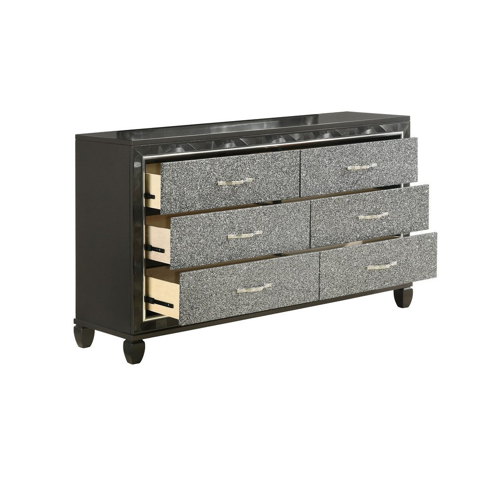 Ren 65 Inch Wide Dresser 6 Glitter Front Storage Drawers Black Silver By Casagear Home BM316125