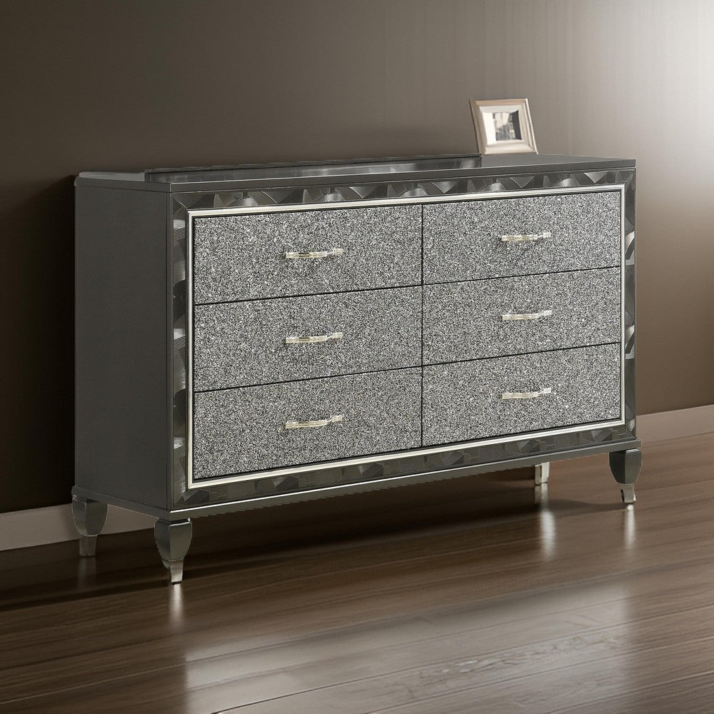 Benjara Bm316125 65 in. Ren 6 Glitter Front Storage Drawers Black & Silver Chrome Wide Dresser Benjara Bm316125 65 in. Ren 6 Glitter Front Storage Drawers Black & Silver Chrome Wide Dresser