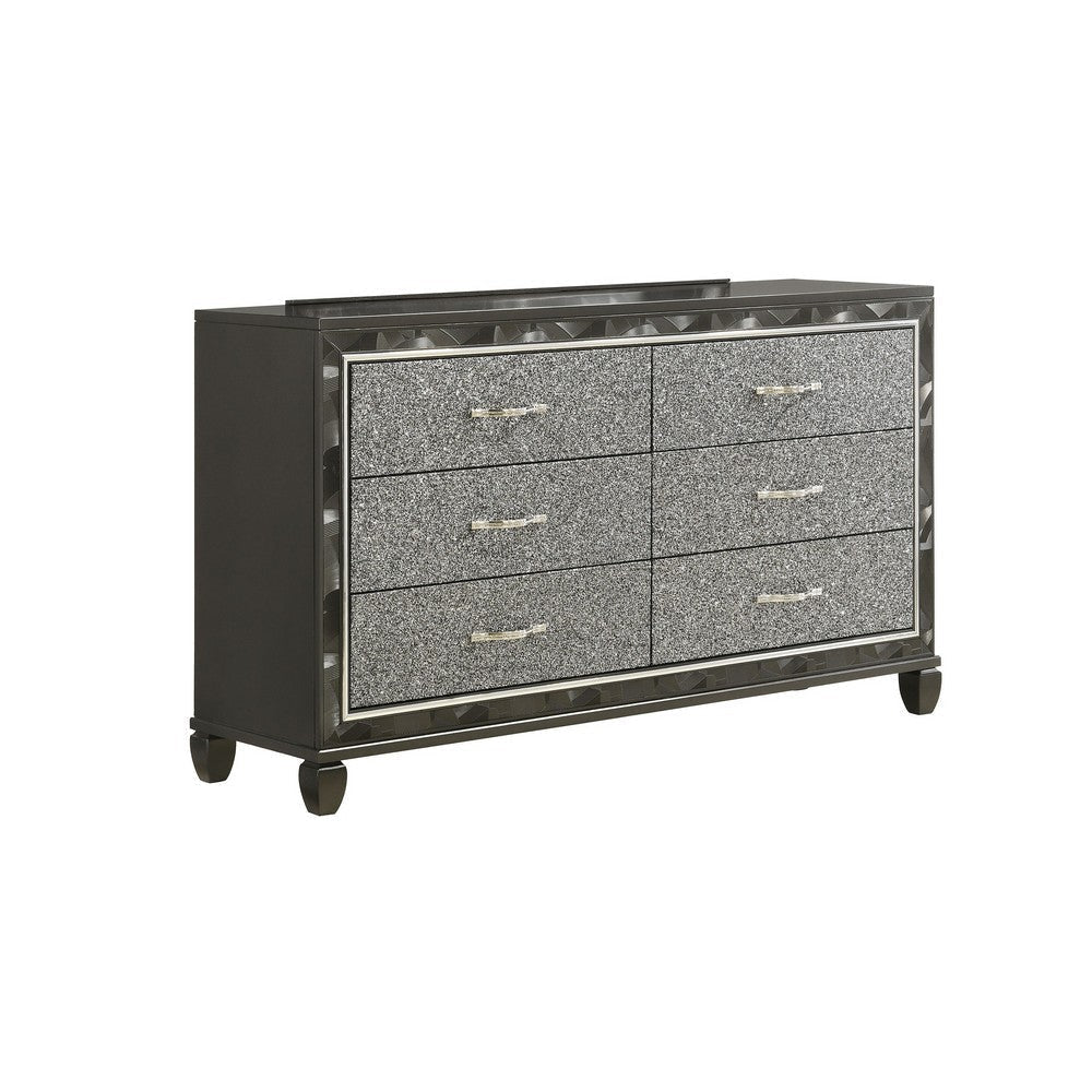 Ren 65 Inch Wide Dresser, 6 Glitter Front Storage Drawers, Black, Silver By Casagear Home