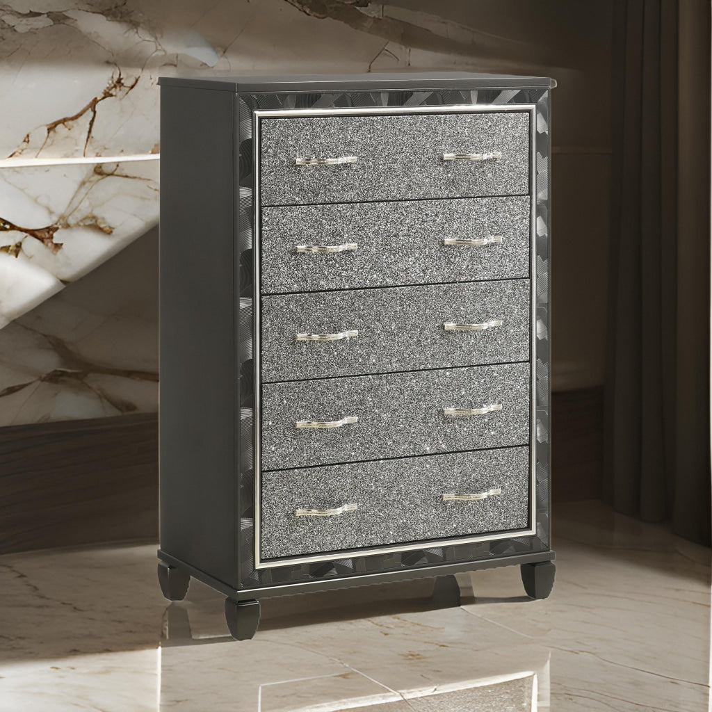 Ren 58 Inch Tall Dresser Chest 5 Glitter Front Drawers Black Silver By Casagear Home BM316126