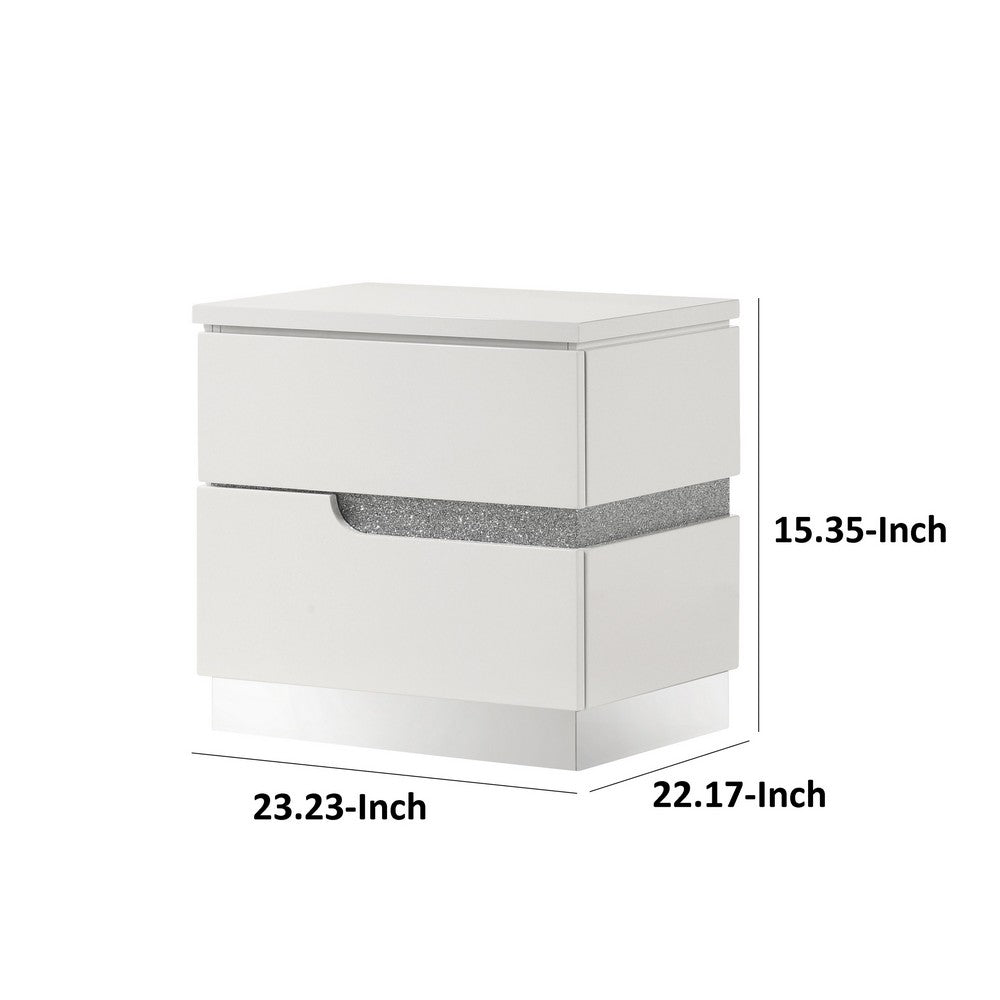 Ara 23 Inch Nightstand, 2 Drawers, Crystal Accents, White Laminate Finish By Casagear Home