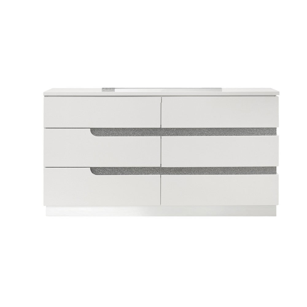 Ara 63 Inch Wide Dresser 6 Drawers Crystal Accents White Laminate Finish By Casagear Home BM316131