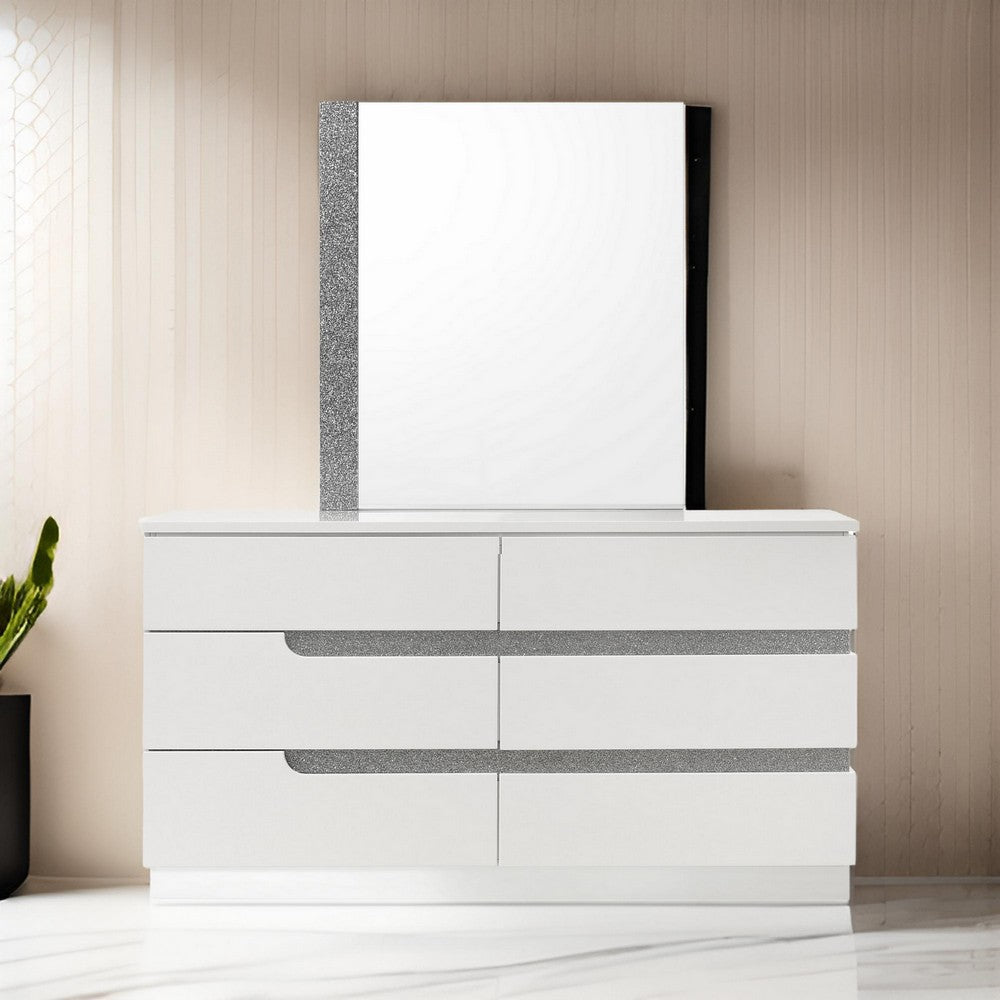 Ara 33 x 39 Dresser Mirror, Crystal Accents, White Glossy Laminate Finish By Casagear Home