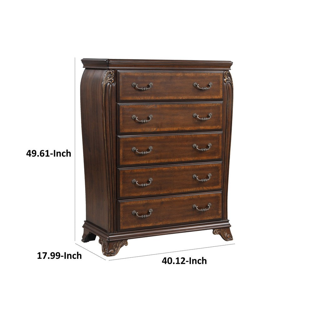 Cali 50 Inch Chest 5 Drawers 10 Drop Handles Carved Gold Cherry Brown By Casagear Home BM316137