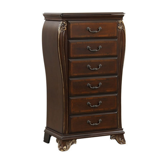 Cali 48 Inch Jewelry Chest, 6 Drawers, Drop Handles, Carved, Cherry Brown By Casagear Home