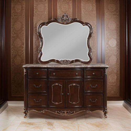 Leon 46 x 47 Dresser Mirror, Beveled, Carved Details, Dark Walnut Finish By Casagear Home