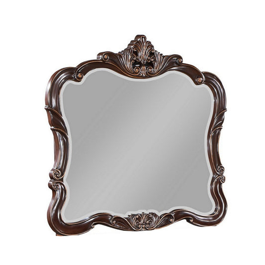 Leon 46 x 47 Dresser Mirror, Beveled, Carved Details, Dark Walnut Finish By Casagear Home