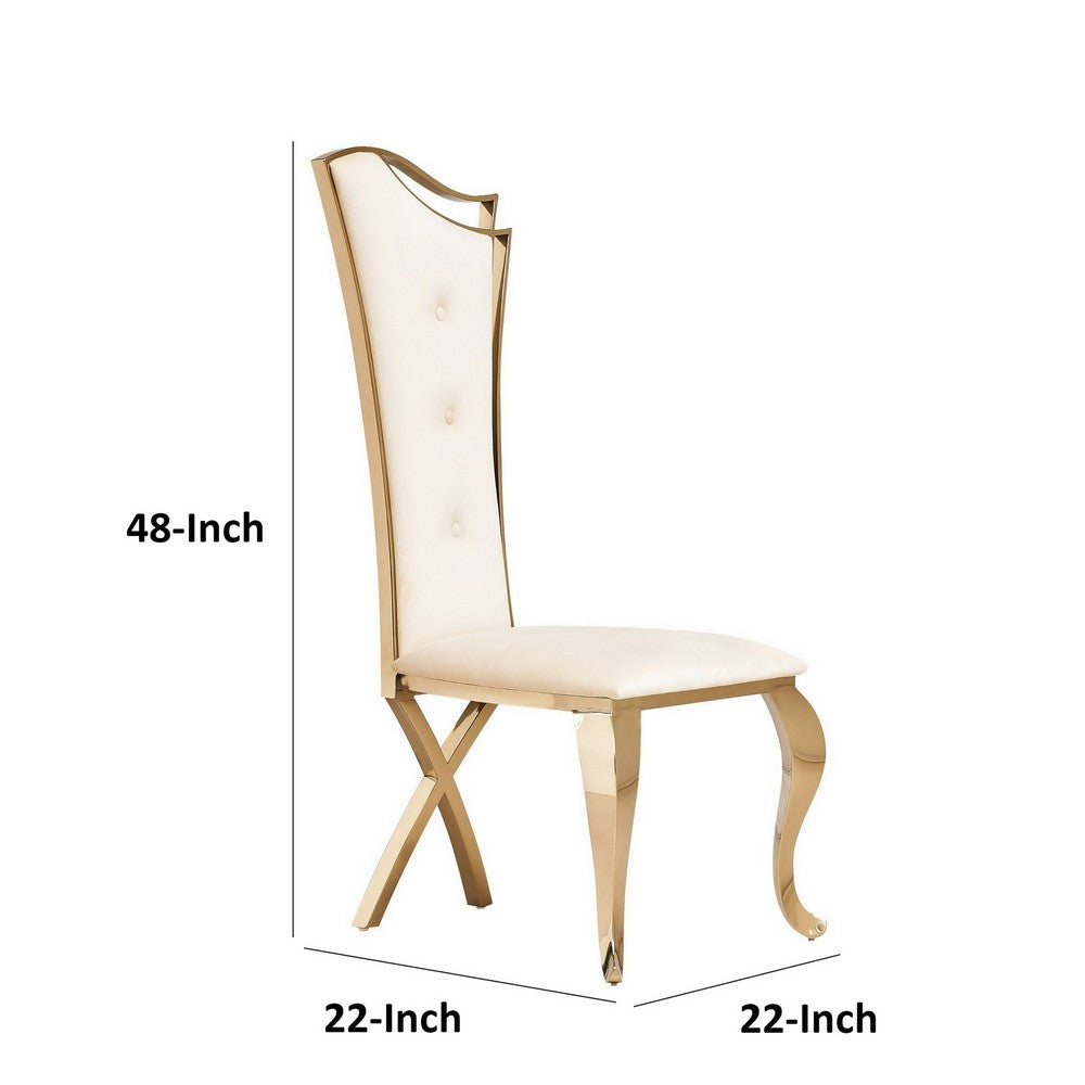 22 Inch Dining Chair Set of 2, Classical Beige Tufted Velvet, Gold Steel By Casagear Home