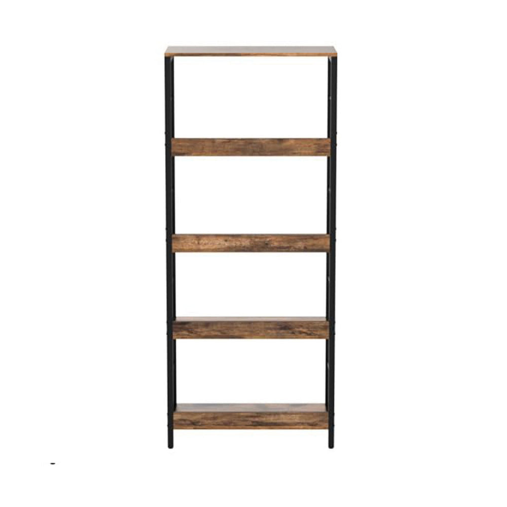 57 Inch Bookshelf, 4 Open Shelves, Black Steel Frame, Brown Wood Finish By Casagear Home