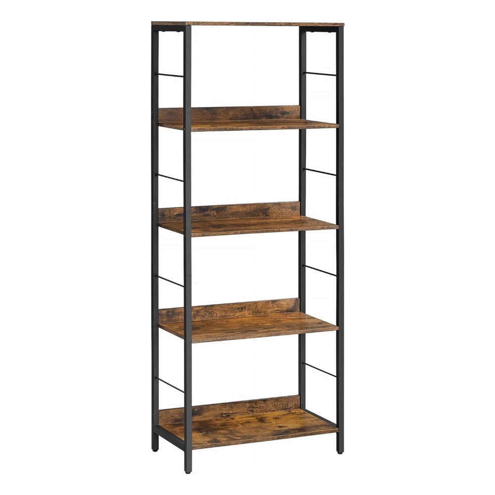 57 Inch Bookshelf, 4 Open Shelves, Black Steel Frame, Brown Wood Finish By Casagear Home