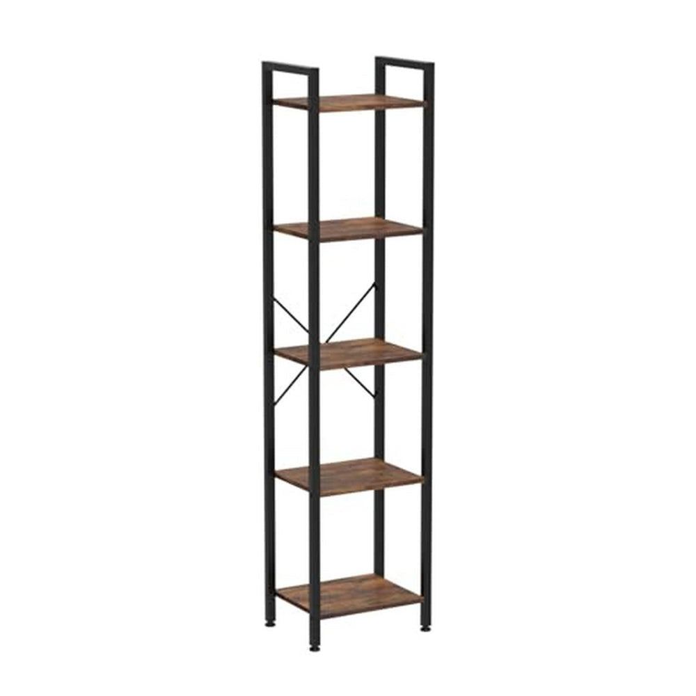 Nyx 61 Inch Bookshelf, 5 Tier Storage Shelves, Black Steel, Brown Wood By Casagear Home