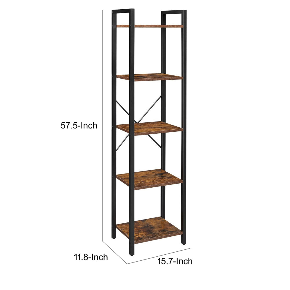 Nyx 61 Inch Bookshelf, 5 Tier Storage Shelves, Black Steel, Brown Wood By Casagear Home