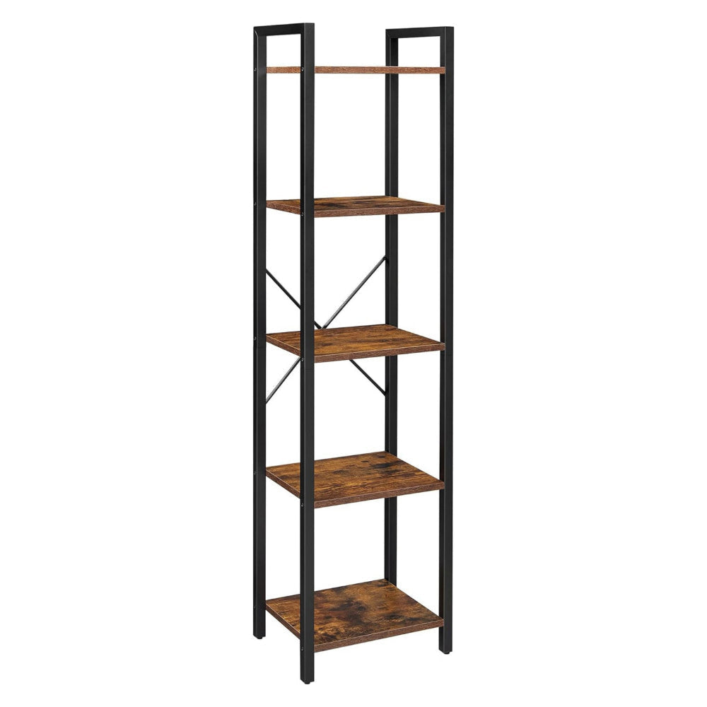 Nyx 61 Inch Bookshelf, 5 Tier Storage Shelves, Black Steel, Brown Wood By Casagear Home