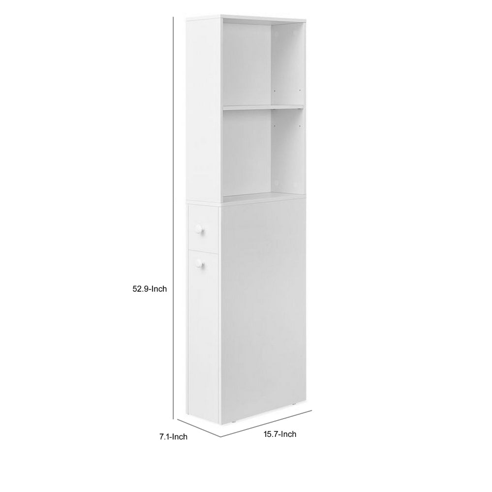 53 Inch Slim Bathroom Linen Cabinet, Open Shelves, Storage Drawers, White By Casagear Home