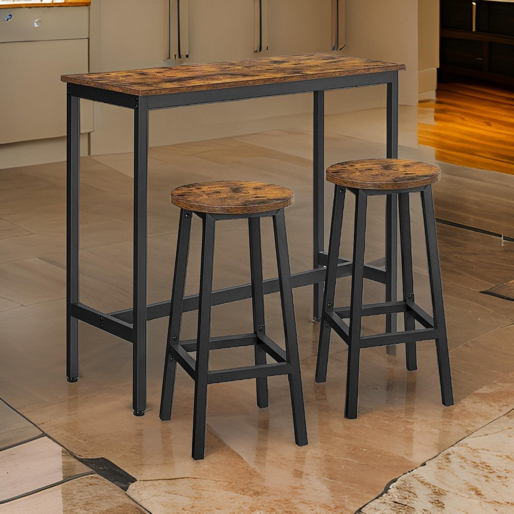 3pc Counter Height Table Set with 2 Stools, Brown Round Seats, Black Steel By Casagear Home