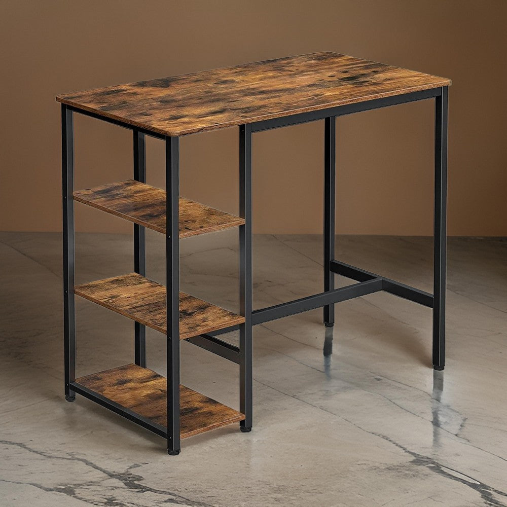 43 Inch Bar Table with 3 Shelves, Rectangular Brown Wood Top, Black Steel  By Casagear Home