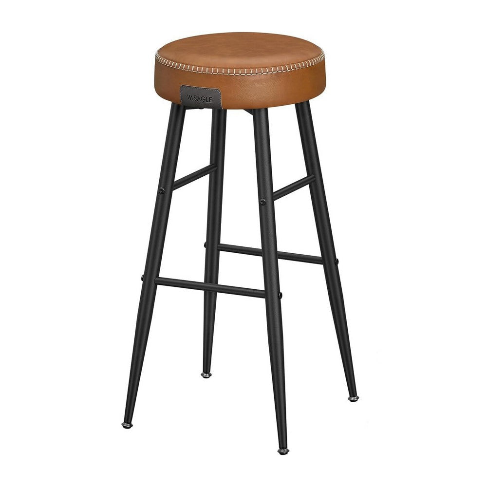 Laxy 30 Inch Barstool Set of 2 Brown Faux Leather Round Padded Seat Black By Casagear Home BM316227