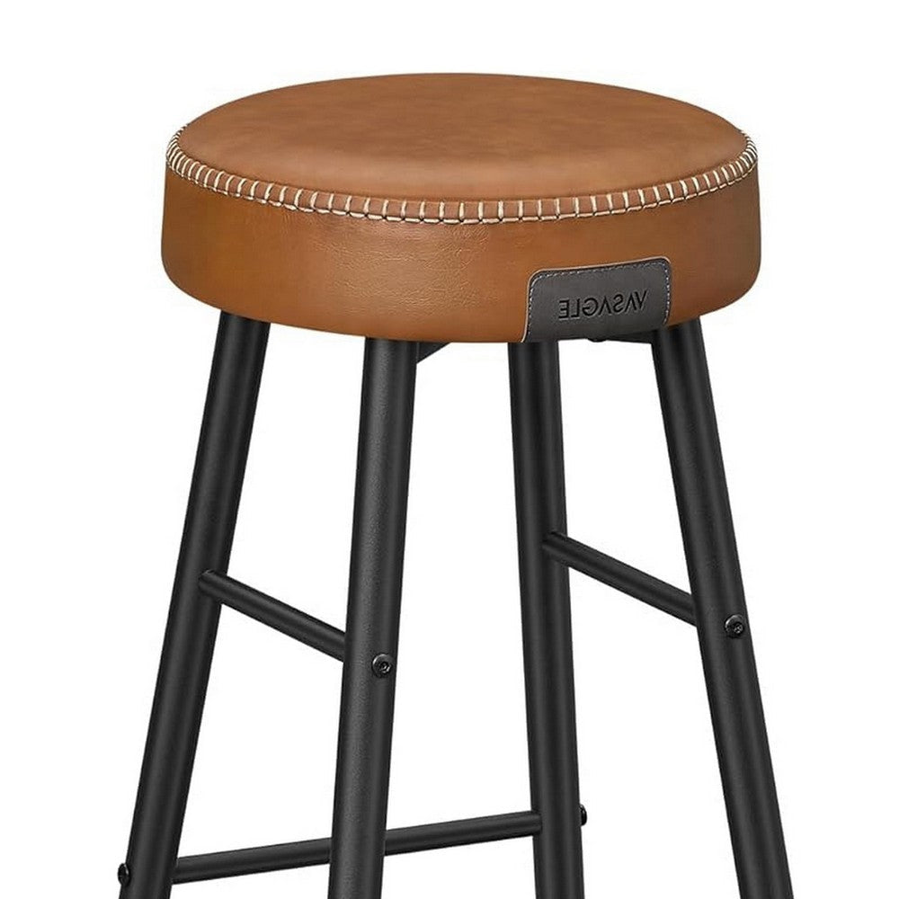 Laxy 30 Inch Barstool Set of 2 Brown Faux Leather Round Padded Seat Black By Casagear Home BM316227