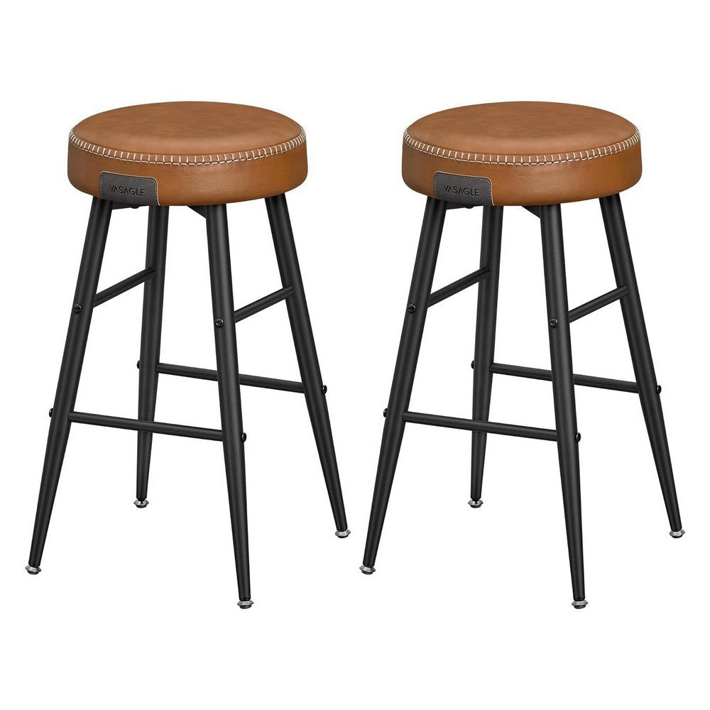 Laxy 25 Inch Counter Stool Set of 2 Brown Faux Leather Round Seat Black By Casagear Home BM316228