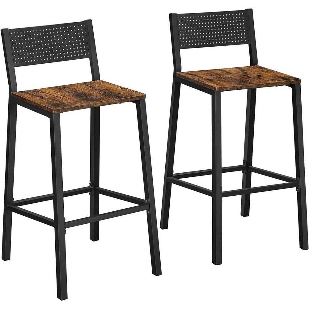 Mexy 29 Inch Barstool Chair Set of 2 Sleek Black Metal Frame Brown Wood By Casagear Home BM316232