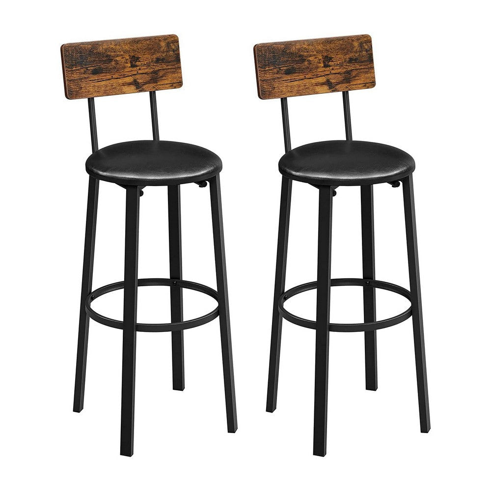 30 Inch Barstool Chair Set of 2 Brown Wood Panel Back Round Black Steel By Casagear Home BM316233