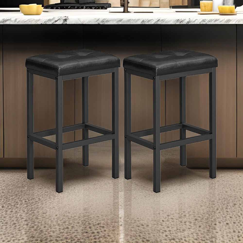 24 Inch Counter Stool Set of 2, Black Faux Leather Square Padded, Steel By Casagear Home