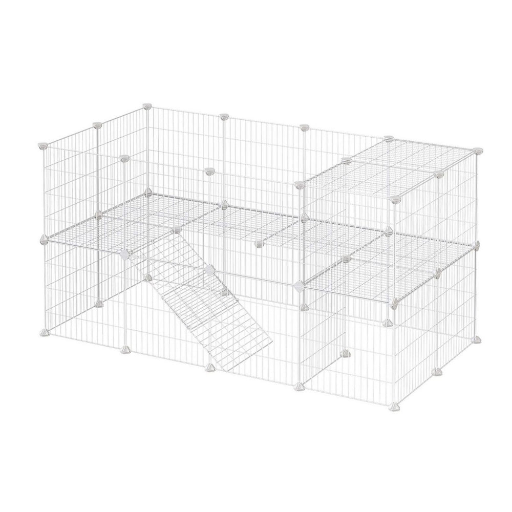 Havi 56 Inch Small Pet Cube Playpen, 2 Tier Enclosure, Ladder, White Metal By Casagear Home