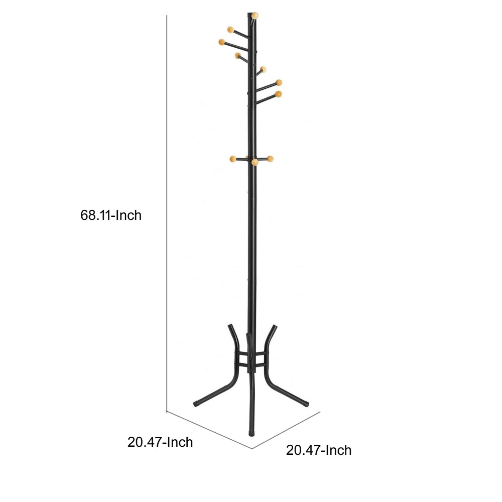 Deli 68 Inch Coat Rack, 11 Hooks with Round Knobs, 4 Legs, Brown Metal By Casagear Home