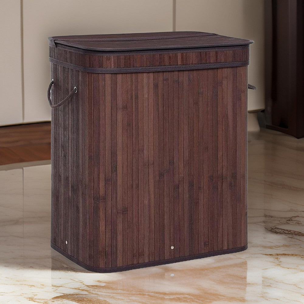 25 Inch Laundry Basket, Curved Lid, Removable Bag, Handle, Brown Finish By Casagear Home